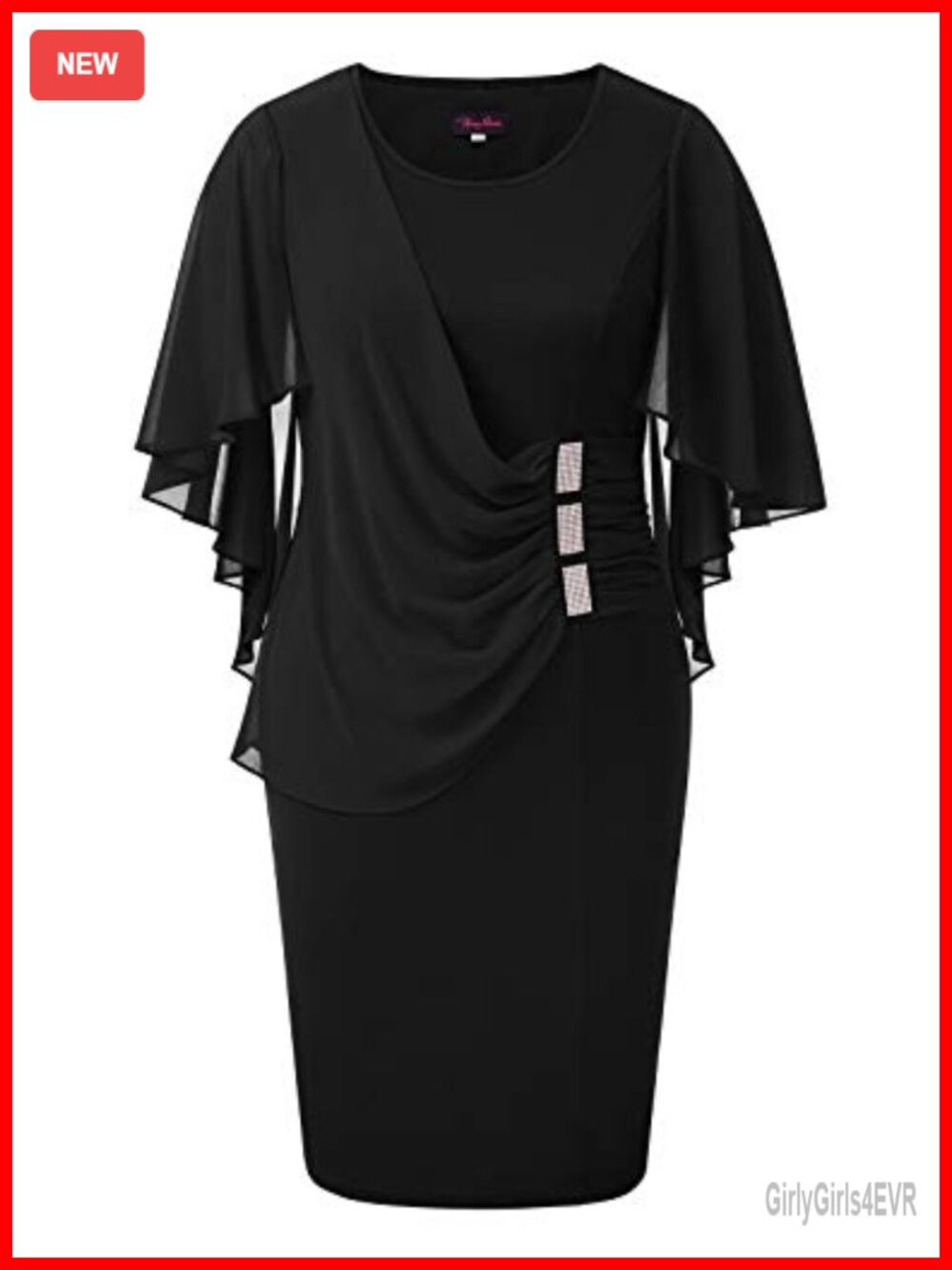 Plus Size Chiffon Ruffle Cape Sleeve Bodycon Pencil Dress Cocktail